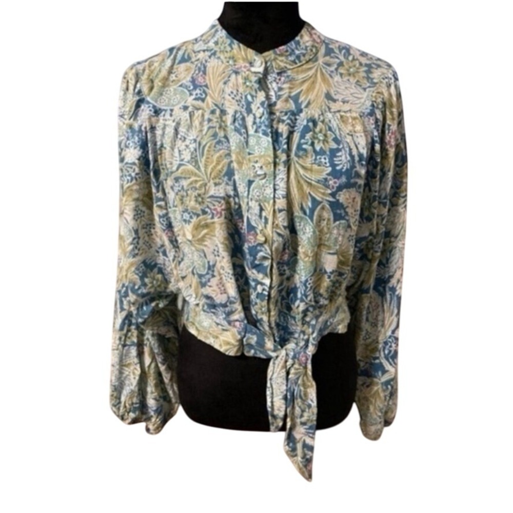 Rachel Roy Blue Floral Tie‎ Front Cropped Blouse Shirt Top M NWT